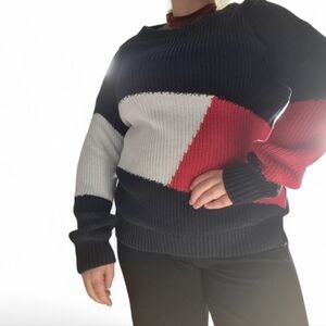 Tommy Hilfiger Colorblock Knit Sweater Navy White Red | Size L | 100% Cotton